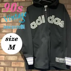 希少　アディダス　フルジップ　パーカー　ジャージ　デサント製　ブラック　デカロゴ