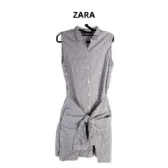 ZARA S ギンガムチェック ノースリーブ 腰巻き シャツ ワンピース