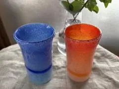 琉球ガラス　ハンドメイド　宙吹　青と赤のグラデーションガラス2個セット