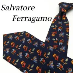 サルヴァトーレフェラガモ ネクタイ 総柄 人 動物 ネイビー 高級シルク