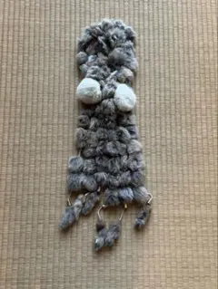 ラビットファー マフラー グレー ホワイト ポンポン付き