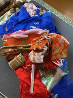 青色花柄着物と結び帯セット草履　バックセット。髪飾り付き。（七五三用）