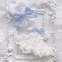 10～12cmぬい服 うさ耳セット 水色チェックのリボン