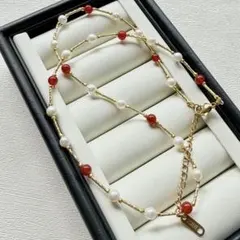 本真珠　淡水パール　赤瑪瑙　ネックレス　上品　華やか　シンプル　316ステンレス