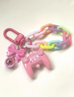 キーホルダー　チャーム　ビーズ　リボン　鈴　チェーン　ゲーム　ピンク