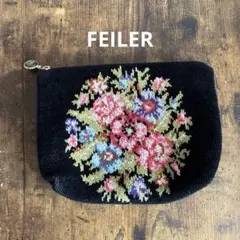 FEILER 花柄刺繍 ポーチ 黒