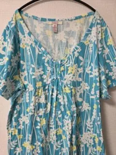 大きいサイズ 3X inspire 花柄 チュニック ブラウス ブルー系 半袖