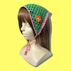 レトロポップなお花バブーシュカ ハンドメイドかぎ編みバブーシュカ