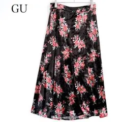 ジーユー ベロアスカート ロング (M) 花柄 ウエストゴム ブラック
