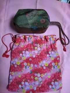ちりめん和風花柄巾着　ポーチ２点セット