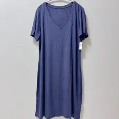 1点もの★ネイビー Vネック 半袖 ロングワンピース 【L】　カジュアル