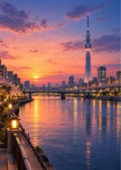 水彩画風】 夕映えに灯る東京スカイツリー — 都会を染める黄昏の光