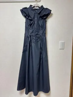 【rienda】フリル付きノースリーブシャツワンピース ネイビー