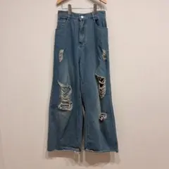 しまむら ダメージ加工 ワイドデニムパンツ Mサイズ グランジ