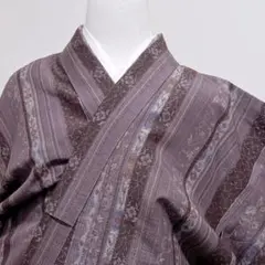 未着用　小紋　紬　縦縞　花模様　唐草　着物　018k