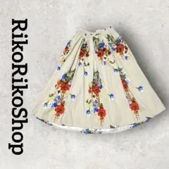 花柄フレアスカート ミモレ丈スカート フラワープリント (М) ベージュ
