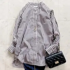 極美品　SHIPS any REPREVE バンドカラーシャツ　ストライプ　秋色