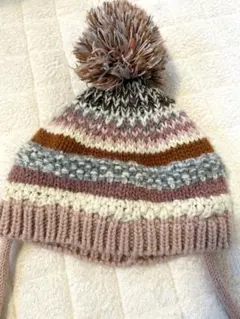 ZARA ストライプニット帽子 ポンポン付き　52cm