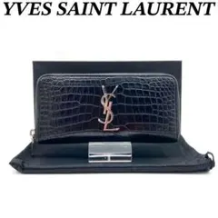 イヴサンローラン 長財布 クロコ型押し ブラック 大容量 美品 70722