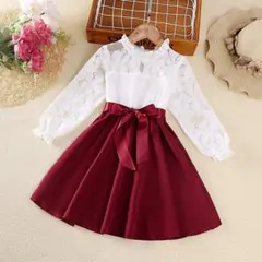 キッズ女の子ドレス120レース長袖ワンピース子供フォーマル発表会ピアノ赤レッド
