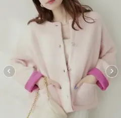 FOX混プレーティングニットジャケット ピンク 配色 バイカラー ニットコート