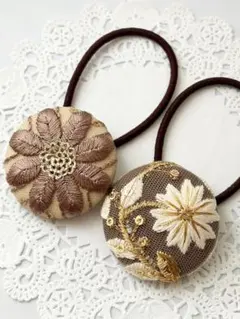 【No.244】インド刺繍 くるみボタン38㎜ ヘアゴム 2個セット