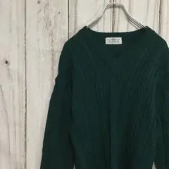 【Vネック ケーブル編み ウールニット】 美品 レトロ L 緑 古着