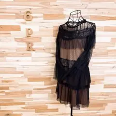 【ザラ】シアー チュール レース レイヤード ドレス ワンピース M黒×ベージュ