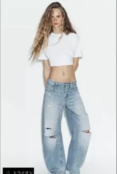 完売品★zara TRF ダメージ加工ミッドライズバギージーンズ　36