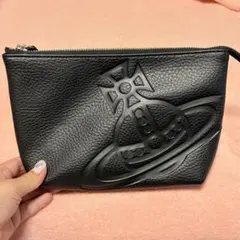 【極美品】日本製　本革　オーブ型押し　ブラック　シンプルポーチ　黒　グレーのサムネイル