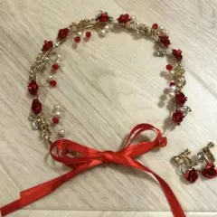 花冠　カチューシャ　イヤリング付き　バラ　美女と野獣風