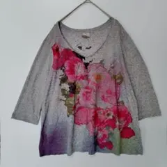 グレー ピンク花柄 5分袖Tシャツ チュニック 2XL 個性的 大きい