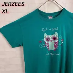 JERZEES フクロウ Tシャツ XL ターコイズ USA古着 緑系 半袖