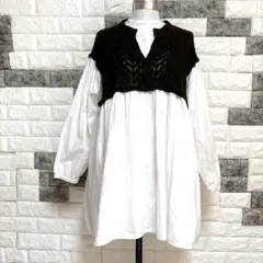 美品【 Samansa Mos2】ニットベスト ドッキングチェニックFカーキ白