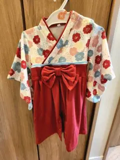 赤と花柄の着物スタイルロンパース