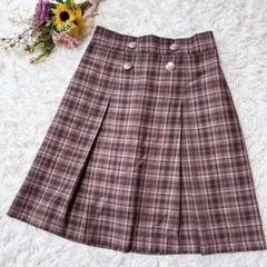 【アクシーズファム】ひざ丈プリーツスカート　ウエストゴム　チェック柄ブラウン　F
