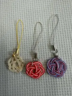 結び文様ストラップ3点セット（金・赤・紫）　水引