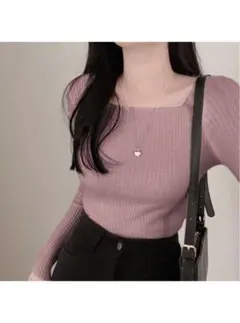スクエアネックリブニットトップス[rut072]