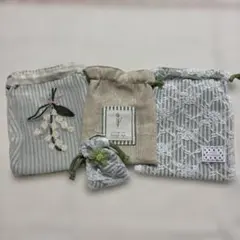 ハンドメイド　巾着セット　4 刺繍　レース　グリーン系