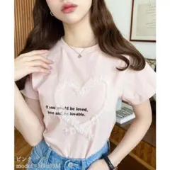 moment+ モーメントプラス チュールハート刺繍半袖Tシャツ　ピンクのサムネイル