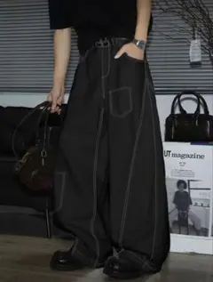 ストリートスタイル　バイブ風メンズ　ブラック　ストレート　ワイドパンツ　L 新品