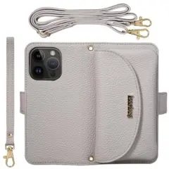 グレー 手帳型 iPhone15proケース ストラップ付き