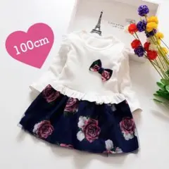 新品 100㎝ 花柄 ワンピース ホワイト 長袖 キッズ 女の子