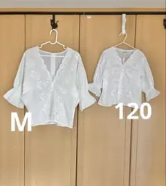 プティマインリアン　親子お揃い　親子リンクコーデ　レースブラウス　白　120