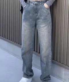 ジーパン　ジーンズ　グレー　ハイウェスト ワイド ストレート デニムパンツ