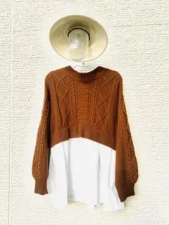 RETRO GIRL ケーブル編みニット ブラウン　フリーサイズ