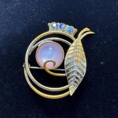 葉デザイン ブローチ オーロラストーン付き ヴィンテージ 昭和レトロ