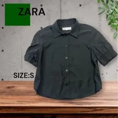 e2226☆ZARA ブラック パフスリーブ半袖クロップドシャツ Sサイズ