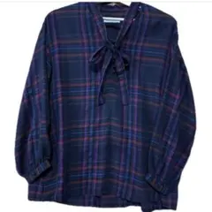 ユナイテッドアローズネイビー系チェック柄リボン付き長袖シャツ