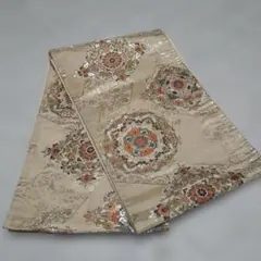 ベージュ 花柄 袋帯、マルチカラー刺繍、金色、祝、入学式、結婚式等